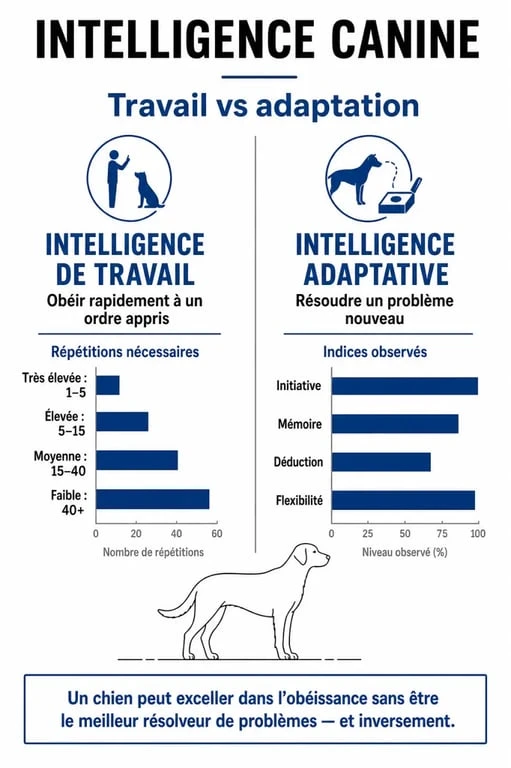Infographie comparative sur l'intelligence canine et les races de chiens, illustrant la différence entre intelligence de travail et intelligence adaptative.