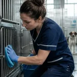 Formation agent animalier : soignante nettoie une cage pour animaux