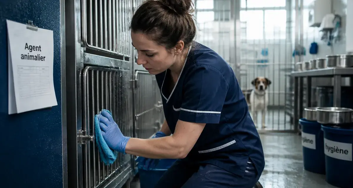 Formation agent animalier : soignante nettoie une cage pour animaux