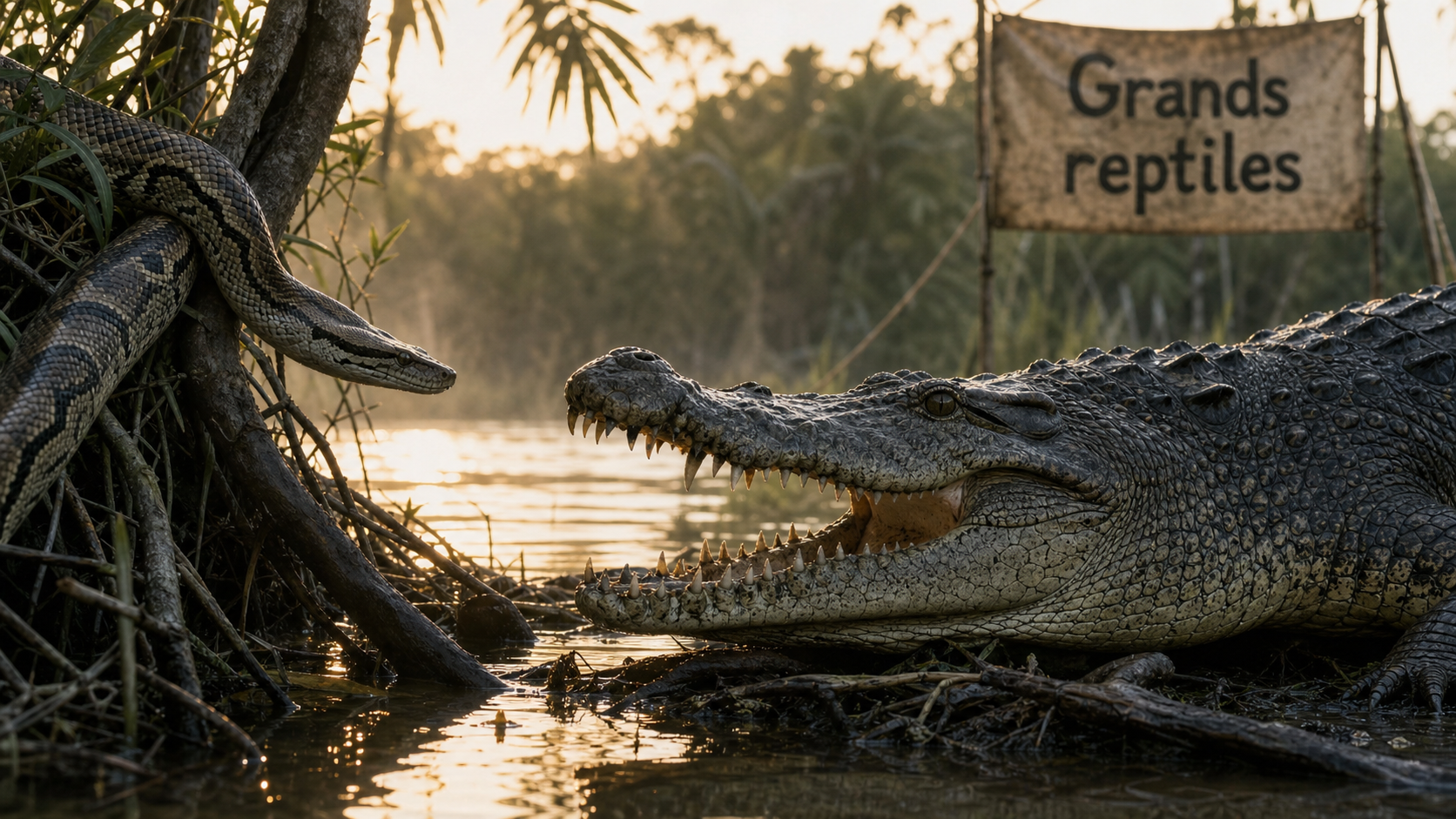 Grands reptiles : crocodile marin et python réticulé, estuaire