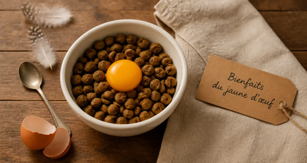 bol croquettes jaune d oeuf chien table rustique