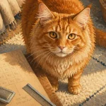 Main coon roux sur tapis, brosse et schéma de génétique pour pelage éclatant