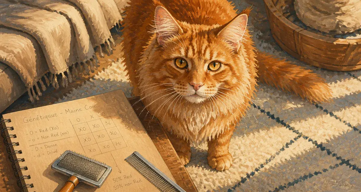 Main coon roux sur tapis, brosse et schéma de génétique pour pelage éclatant