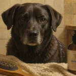 Pellicules chien : squames visibles sur le poil et brosse avec shampooing vétérinaire