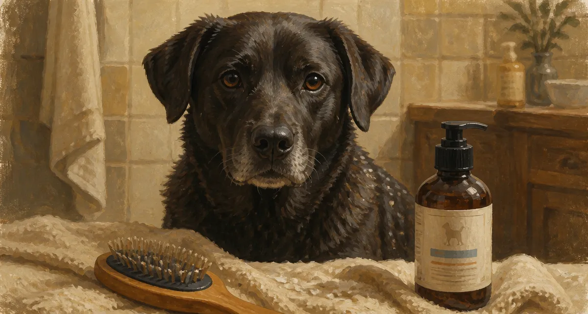 Pellicules chien : squames visibles sur le poil et brosse avec shampooing vétérinaire