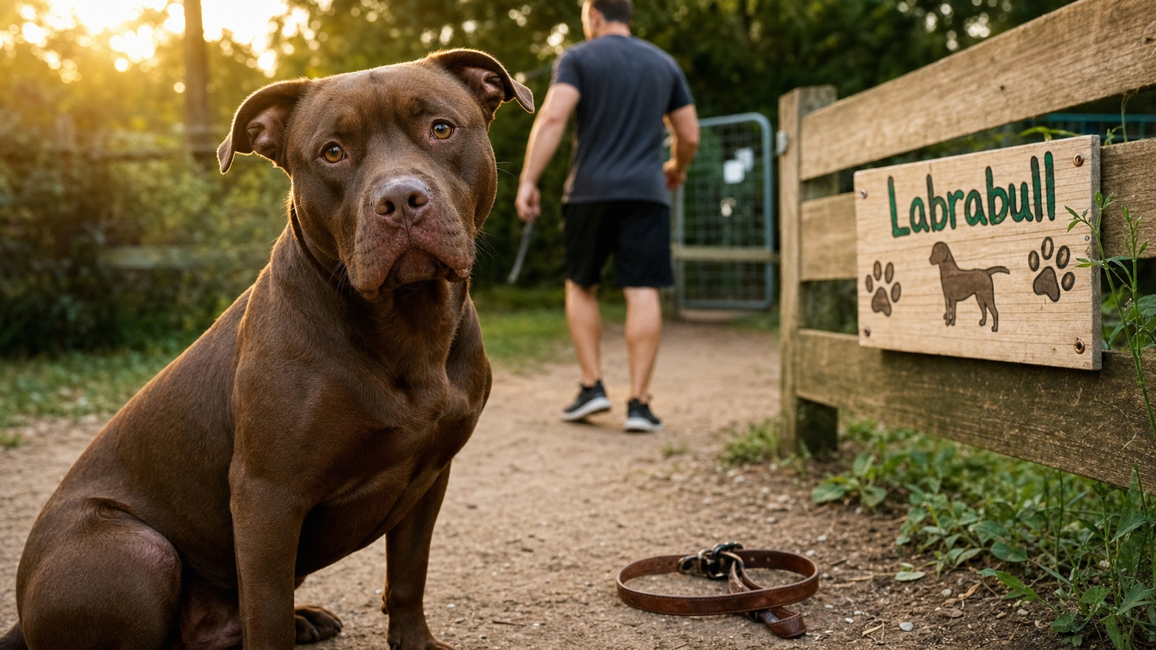 Pitbull croisé Labrador brun chocolat, assis près d’une laisse
