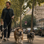 promeneur de chien marche avec trois chiens en ville