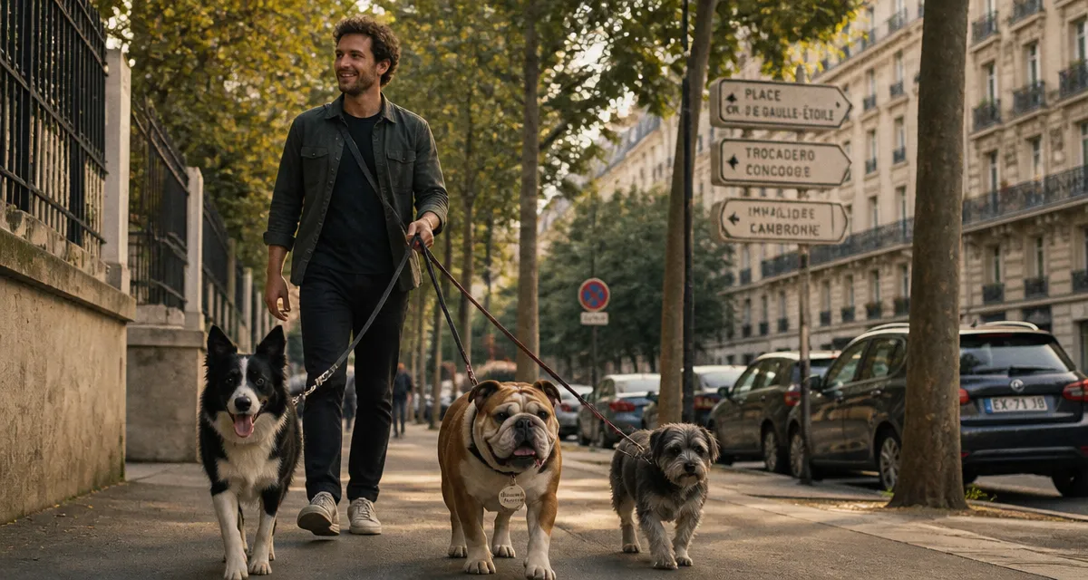 promeneur de chien marche avec trois chiens en ville