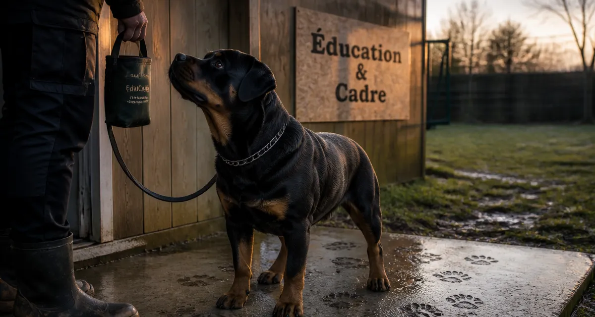 Rottweiler adulte en éducation avec laisse et friandises