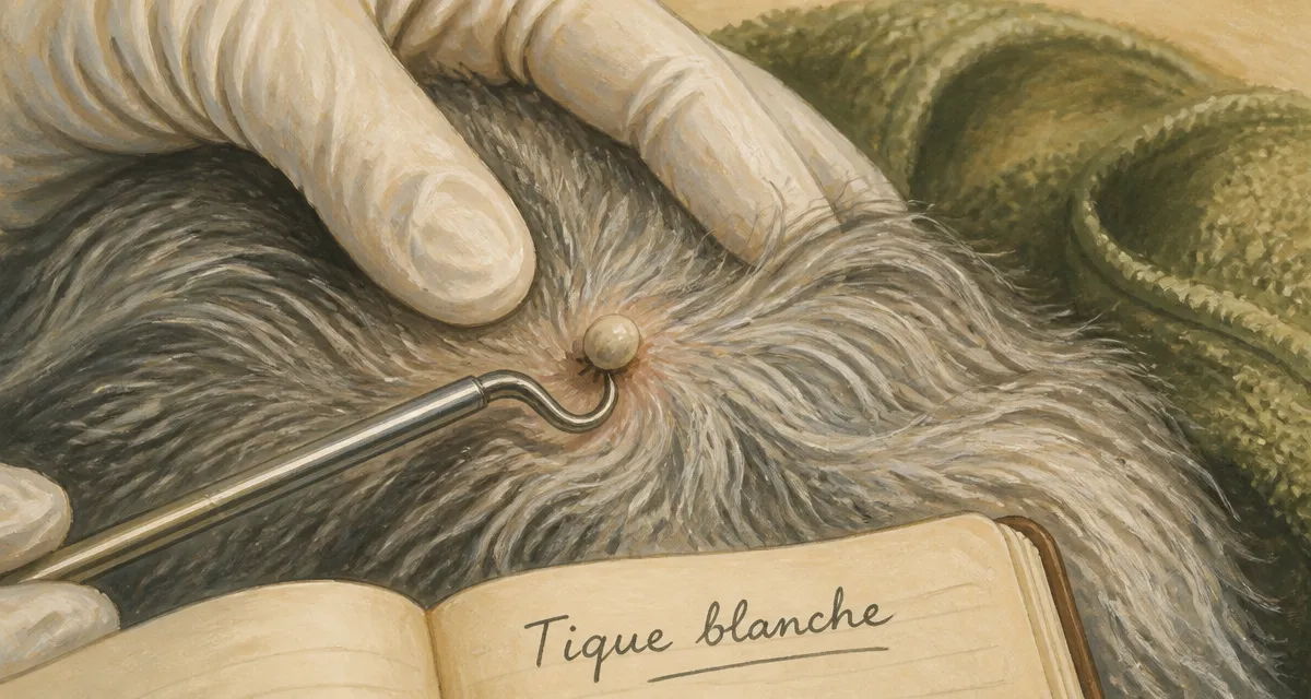 Tiques blanches chien : crochet à tique sur peau près du poil