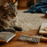 Chat a poile long en entretien quotidien, brosse et peigne sur tapis