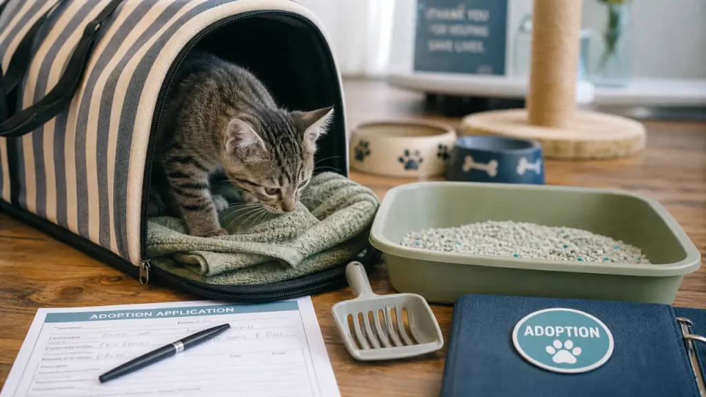 Chaton adoption : caisse de transport ouverte et formulaire sur table