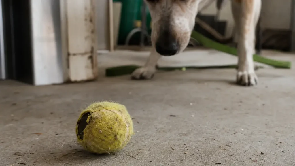 Chien balle de tennis : feutrine pelée au sol