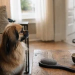Chien tibetain petit dans un salon d’appartement, épagneul tibétain