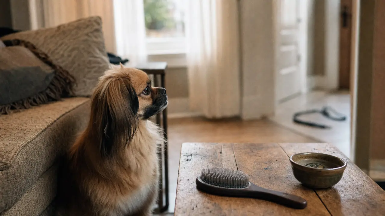 Chien tibetain petit dans un salon d’appartement, épagneul tibétain
