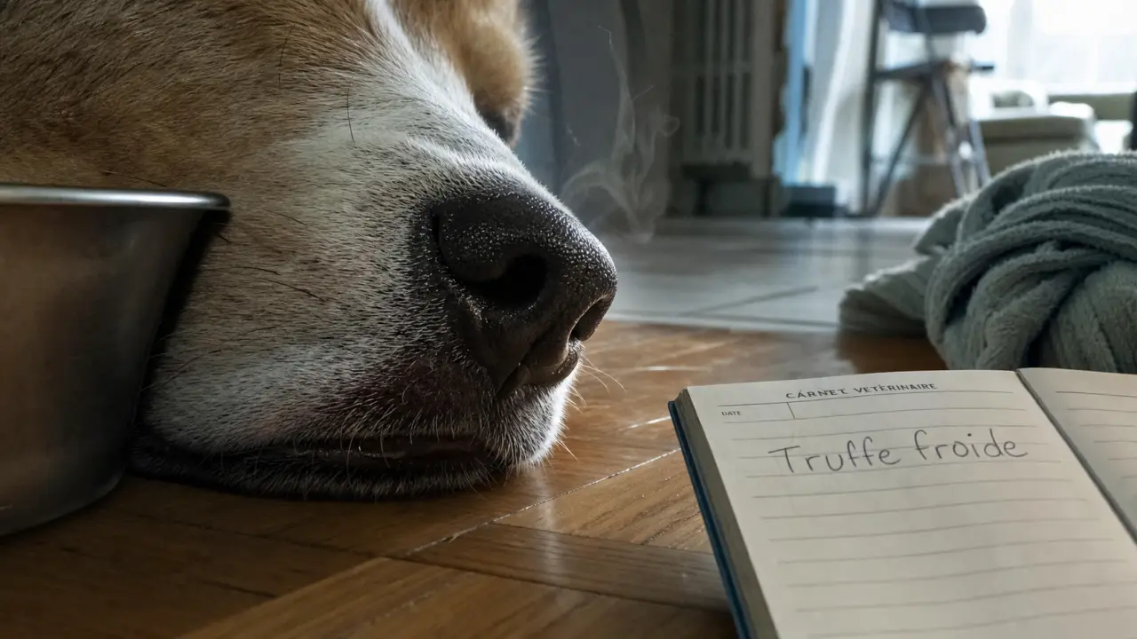 Chien truffe froide : truffe humide au museau près de la gamelle