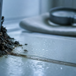 Collembole sur carrelage humide près d’un pot en intérieur