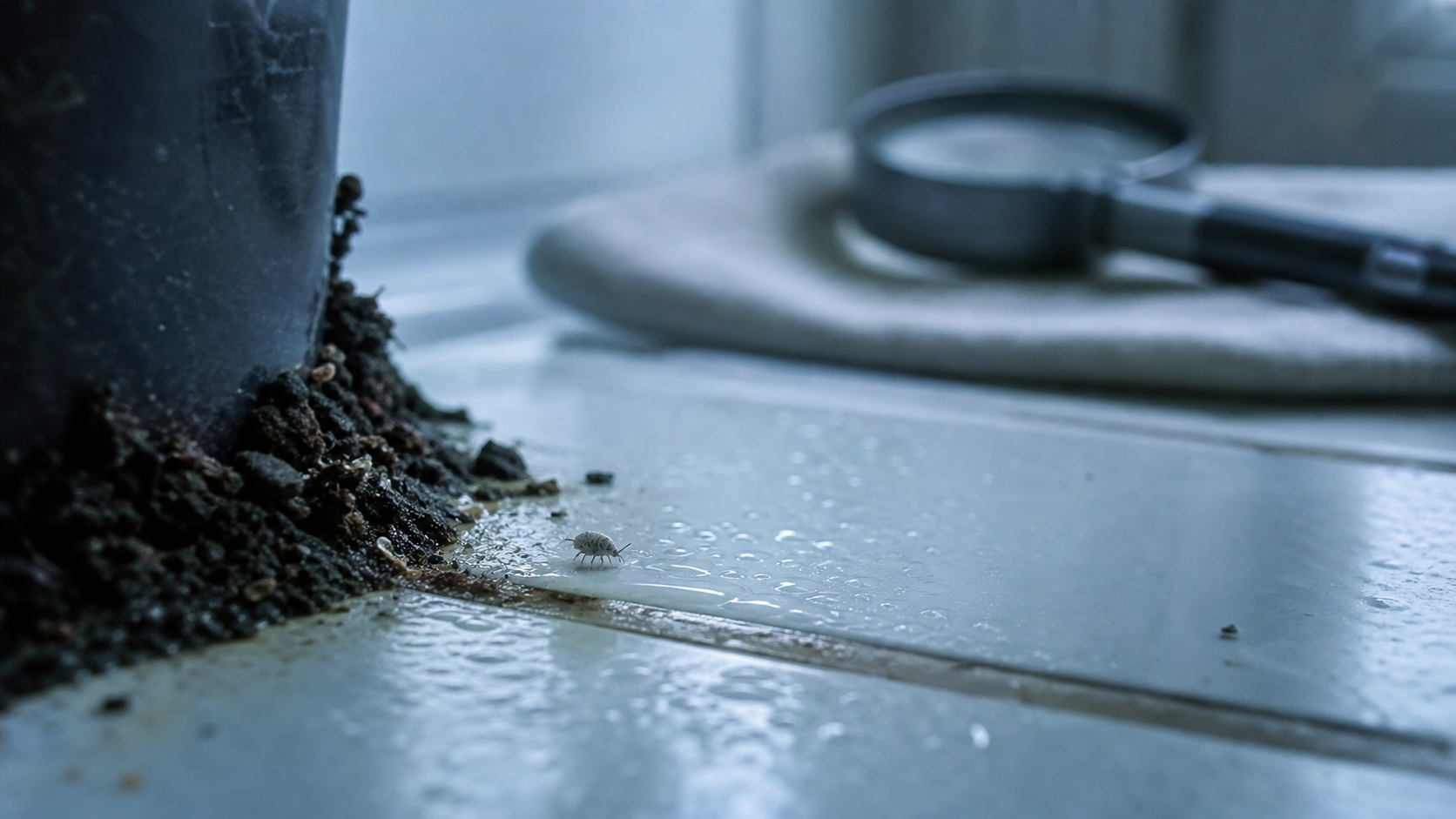 Collembole sur carrelage humide près d’un pot en intérieur