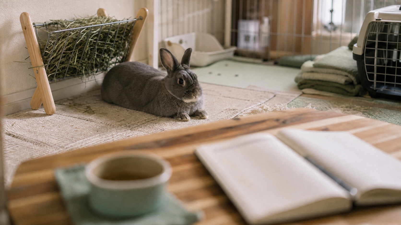 Durée de vie du lapin : lapin domestique au repos dans un enclos