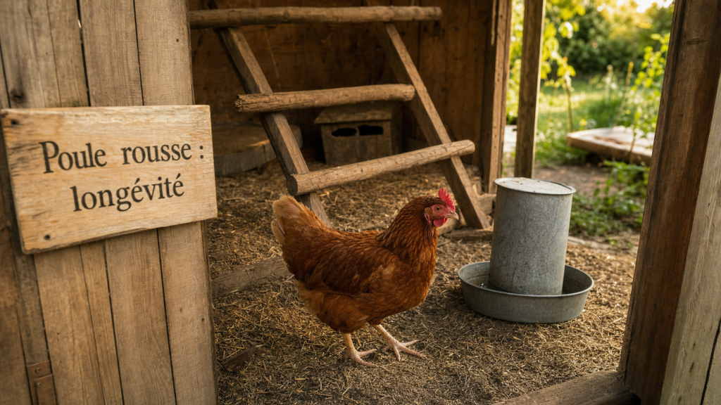 Durée vie poule rousse : poulailler, longévité et soins