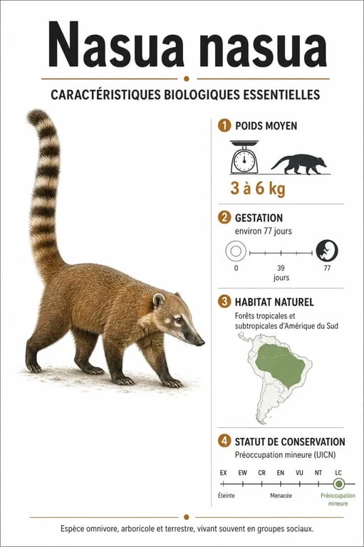 Infographie récapitulative des caractéristiques biologiques et du statut de conservation du coati roux (Nasua nasua)