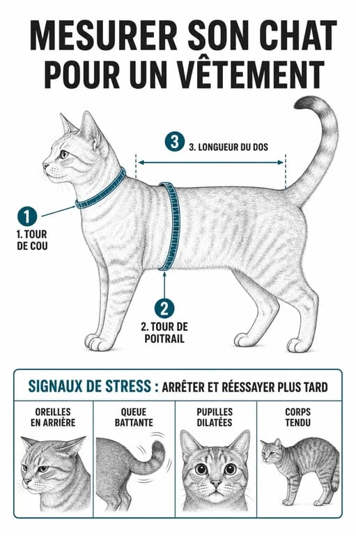 Infographie montrant comment mesurer son chat pour choisir un vêtement pour chat adapté et confortable.