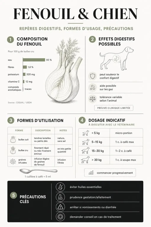 Infographie fenouil chien : bienfaits digestifs, formes d’utilisation et précautions