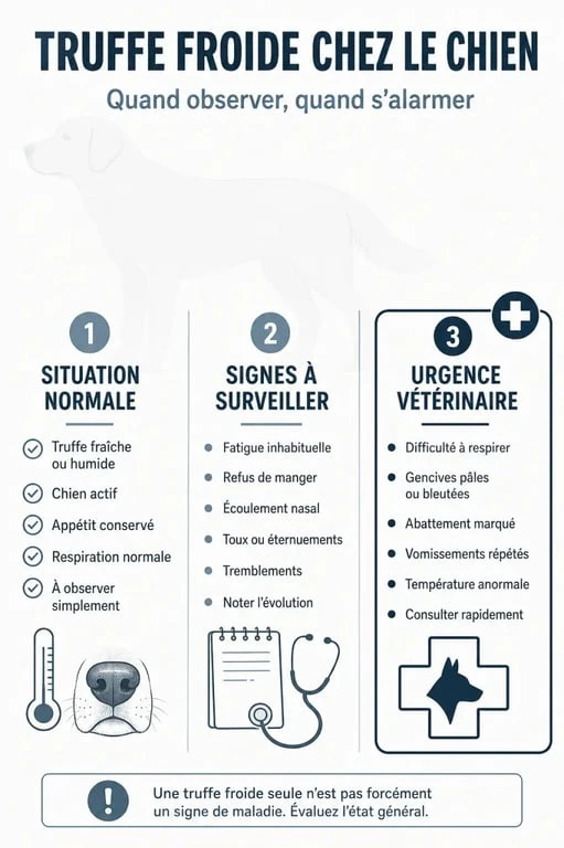 Infographie sur le chien truffe froide : quand c’est normal, quand surveiller, quand consulter