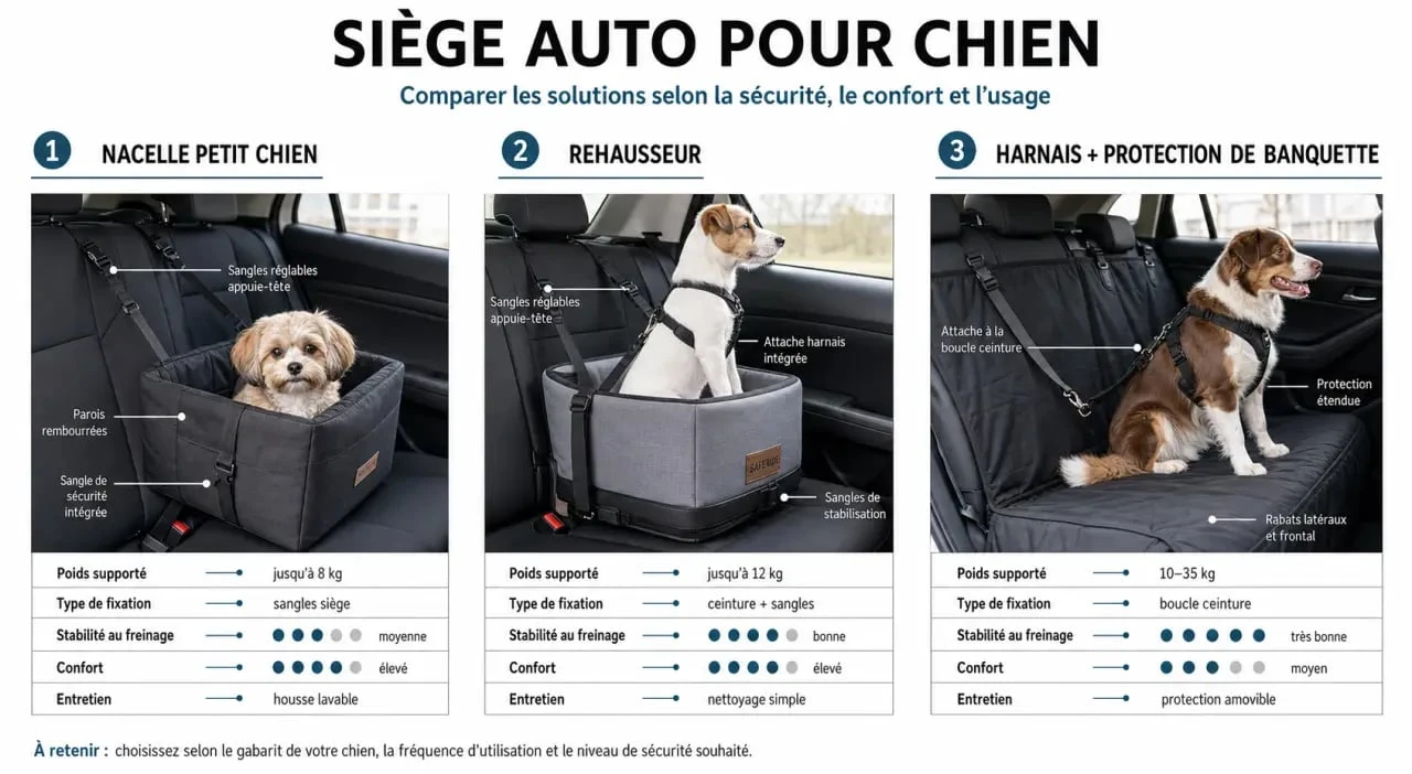 Comparatif siège auto pour chien : nacelle, rehausseur et harnais de sécurité dans une voiture
