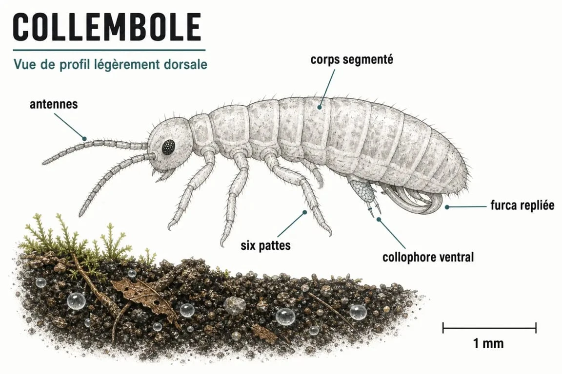 Schéma d’un collembole avec furca, collophore, antennes et pattes pour faciliter son identification