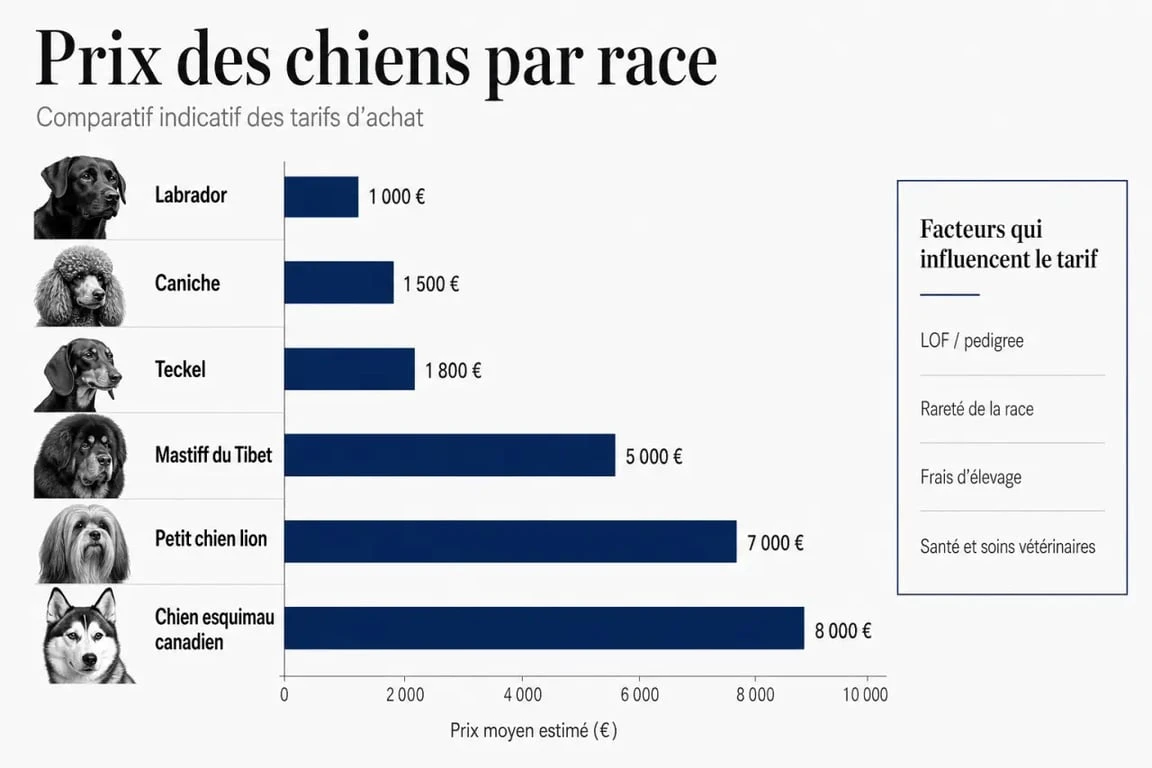 Comparatif du prix des chiens par race avec fourchettes de prix et facteurs de coût