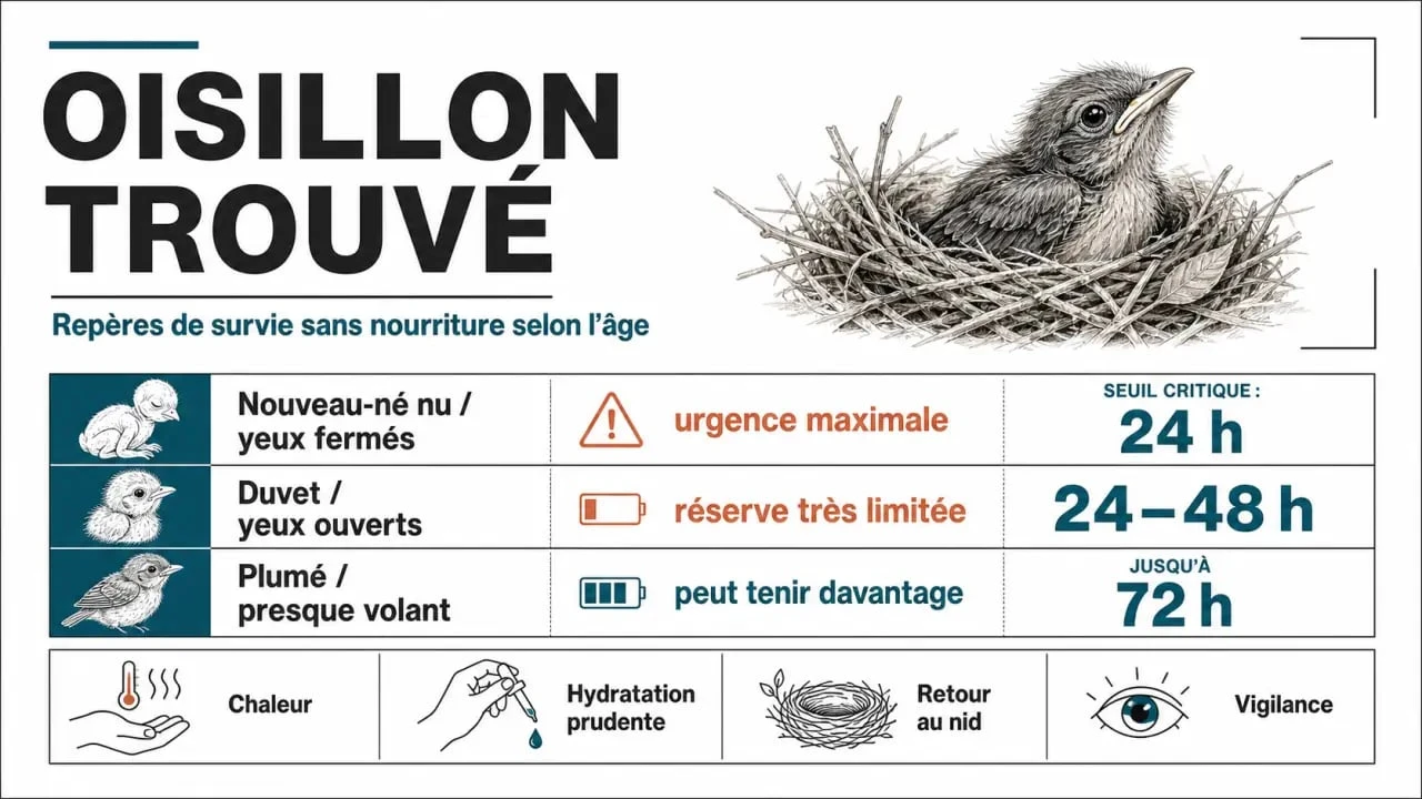 Combien de temps un oisillon peut rester sans manger : repères visuels selon l’âge et les gestes d’urgence