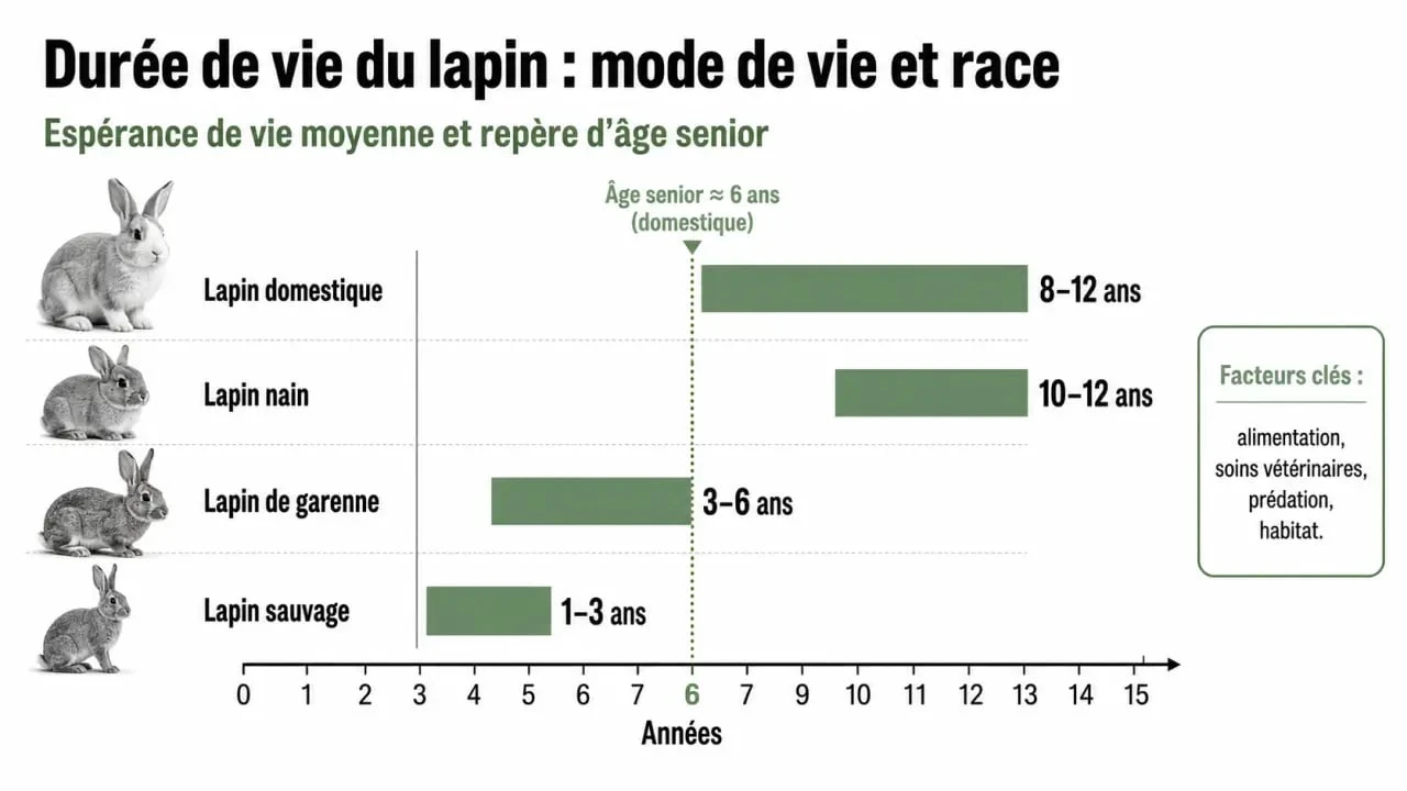 Infographie comparative sur la durée de vie du lapin selon le type de lapin, avec durées de vie et repères senior