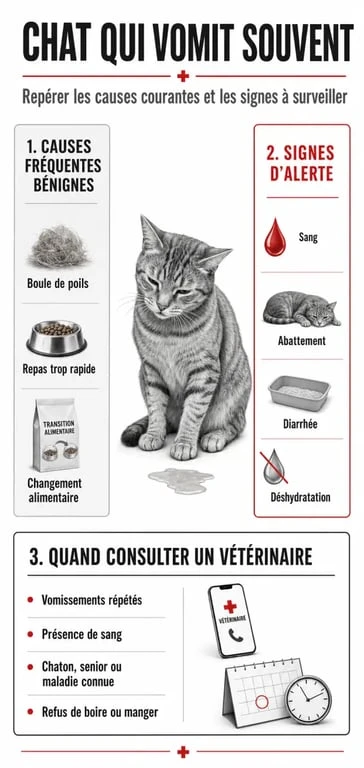 Infographie sur mon chat n'arrête pas de vomir : causes fréquentes, signes d’alerte et quand consulter un vétérinaire