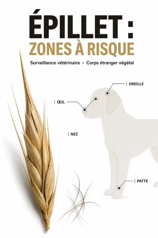 Épillet chien photo : gros plan d’un épillet et zones à inspecter sur un chien