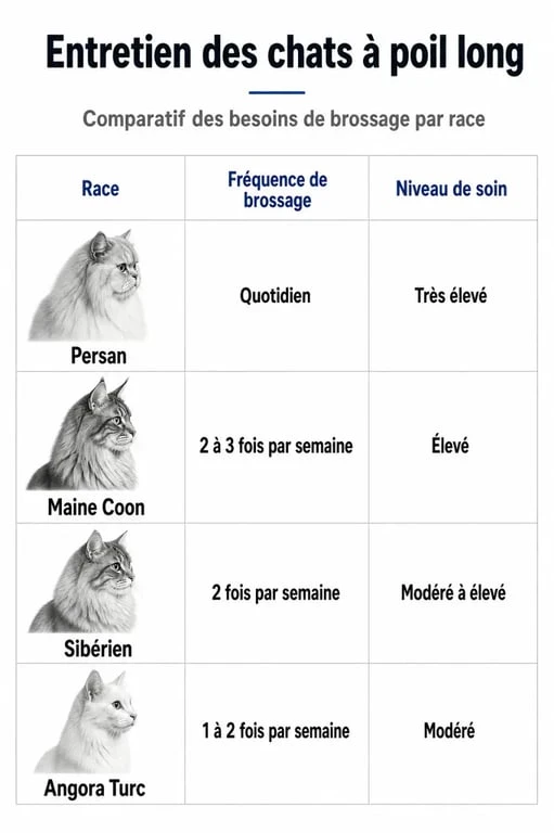 Infographie comparative des besoins d'entretien et de brossage pour les chats à poil long