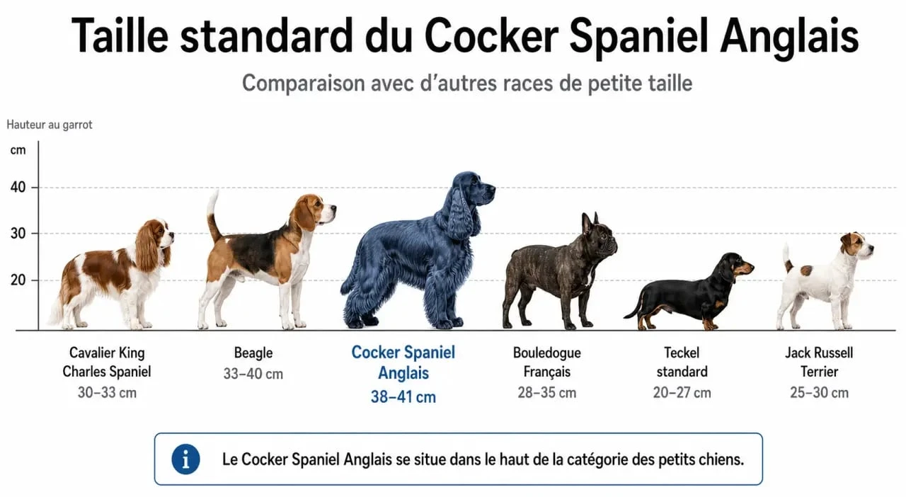 Comparatif des tailles et standards officiels entre le Cocker Spaniel Anglais et d'autres races pour identifier le cocker nain
