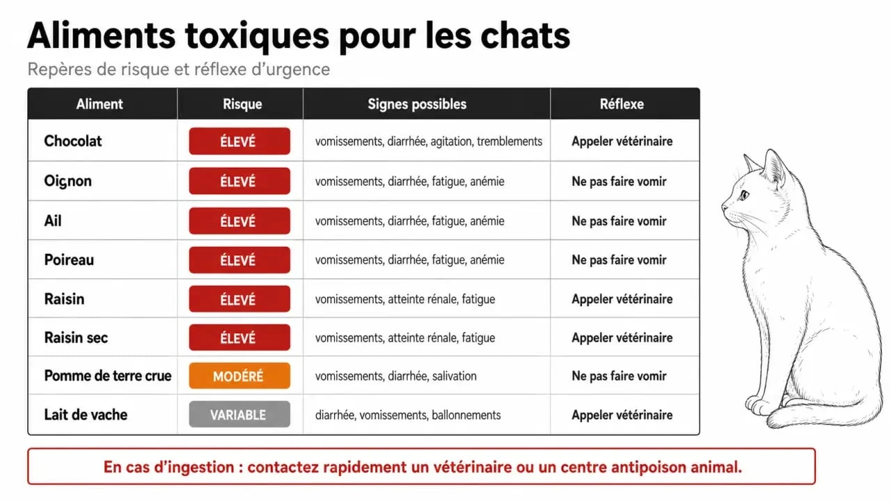 Aliments toxiques pour les chats : infographie des aliments dangereux, symptômes et réflexes à adopter