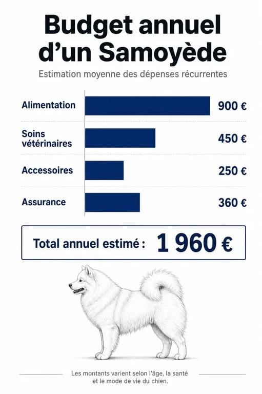 Infographie du budget annuel pour l'entretien d'un chien Samoyède, incluant les coûts d'alimentation, de santé et d'accessoires.