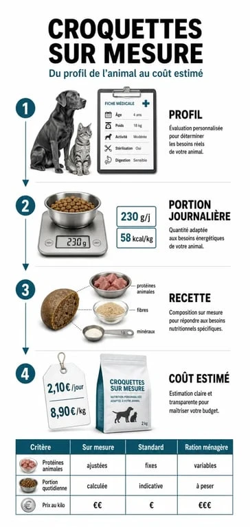 Croquette sur mesure : infographie sur le profil de l’animal, la portion journalière et le prix