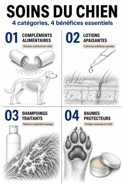 Infographie comparative des solutions anti démangeaison chien : compléments, lotions, shampoings et baumes pour soulager les irritations cutanées.