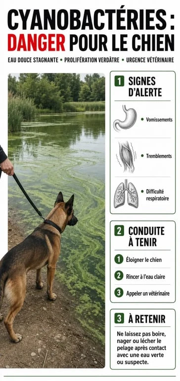 Cyanobactéries chien : infographie sur les signes d’alerte et les gestes d’urgence au bord de l’eau