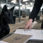 Malinois noir devant documents LOF en hall d’élevage