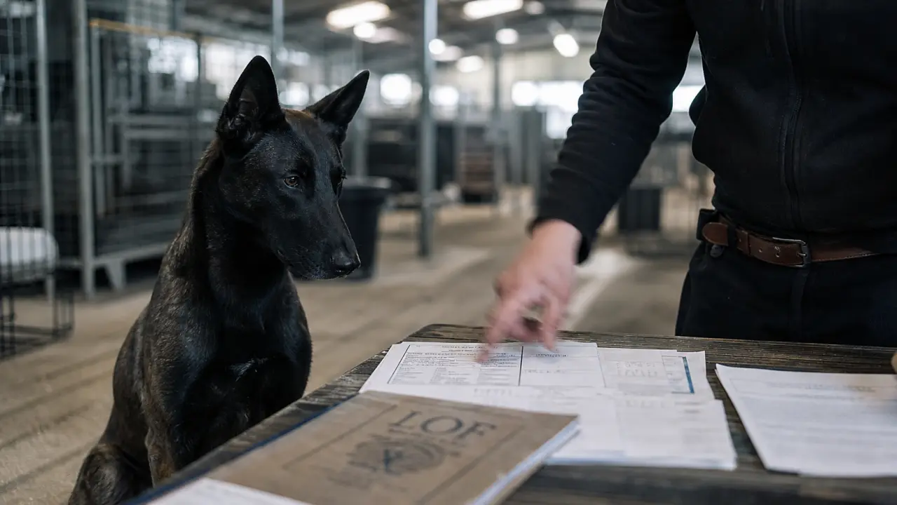 Malinois noir devant documents LOF en hall d’élevage
