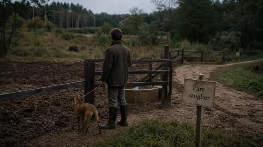 Parc entraînement chien sanglier : clôture et sanglier dans la végétation