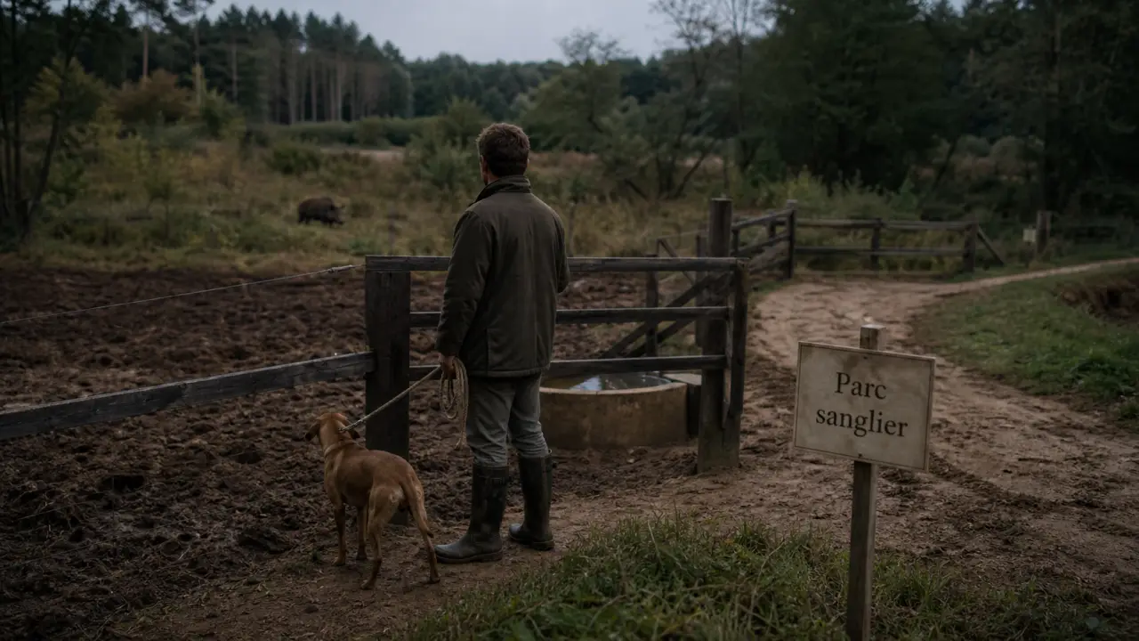 Parc entraînement chien sanglier : clôture et sanglier dans la végétation