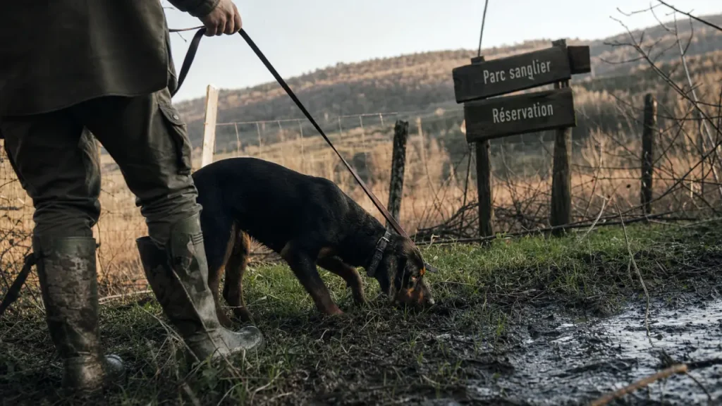 Parc entraînement chien sanglier : réservation, chien renifle piste en enclos