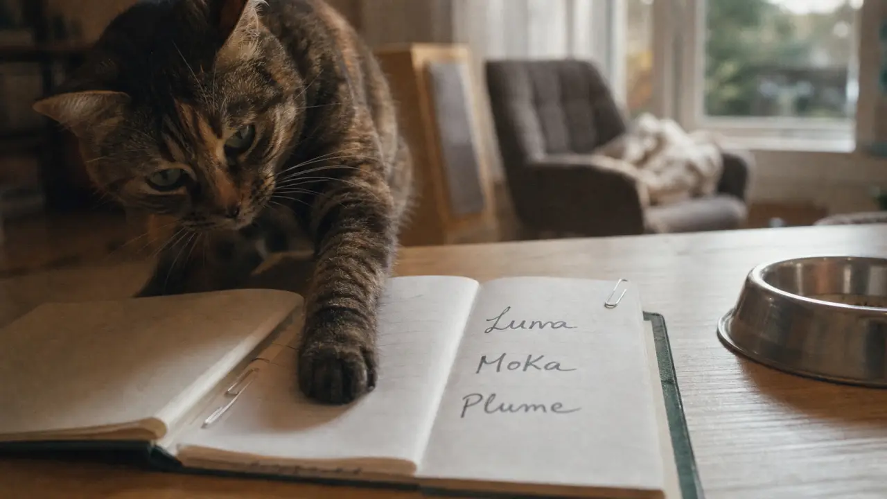 Prénoms chatte : carnet avec noms “Luna”, “Moka”, “Plume”