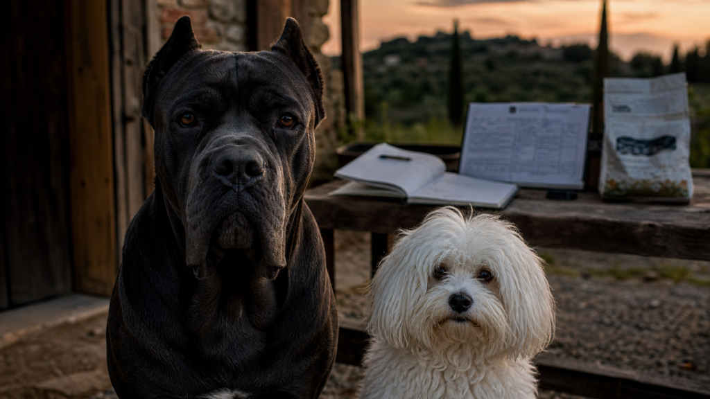 Races de chiens italiens : Cane Corso et petit chien de salon, ferme italienne au crépuscule