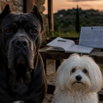 Races de chiens italiens : Cane Corso et petit chien de salon, ferme italienne au crépuscule